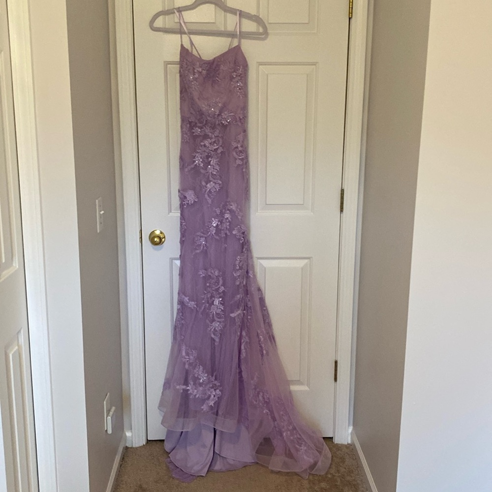 Long violet formal dress with lace overlay